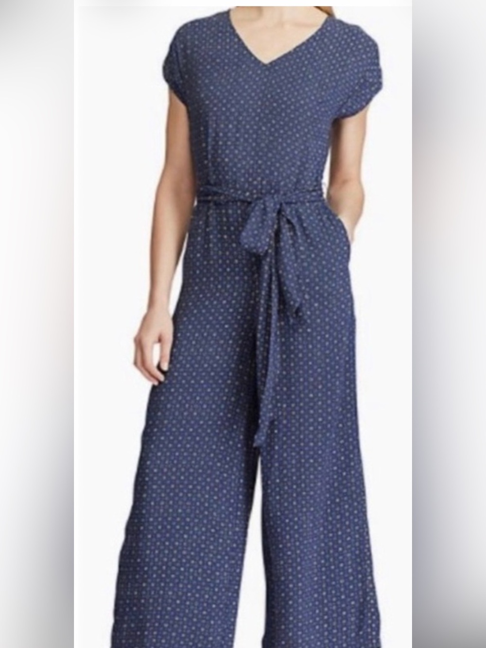 Chaps Navy Polka Dot V-Neck Wide-Leg Jumpsuit